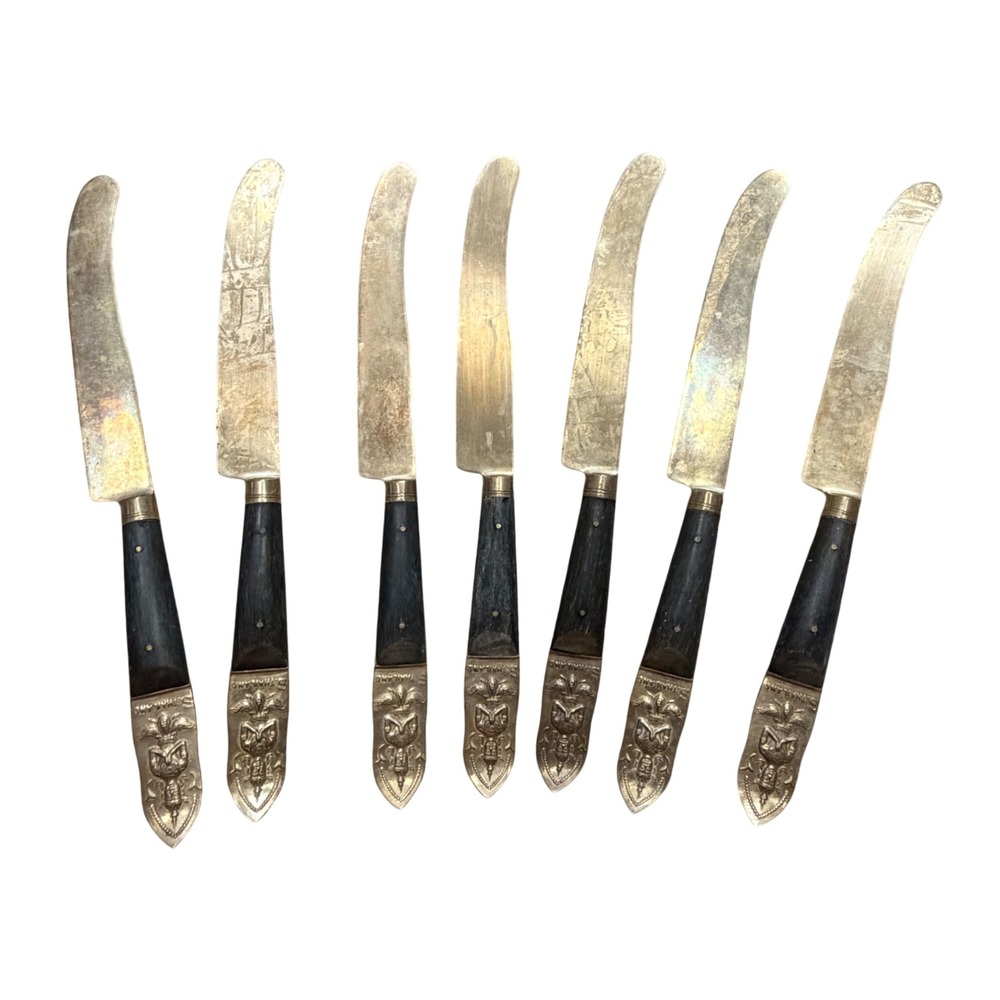 Vintage Thai Bronze Dessert Knives Set of 7 Wood Handle Goddess Deity Thailand